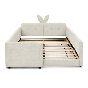 English Elm Full Size Boucle Platform Bed Whimsical Rabbit Ear Headboard with Safety Rail Beige W1413S00135