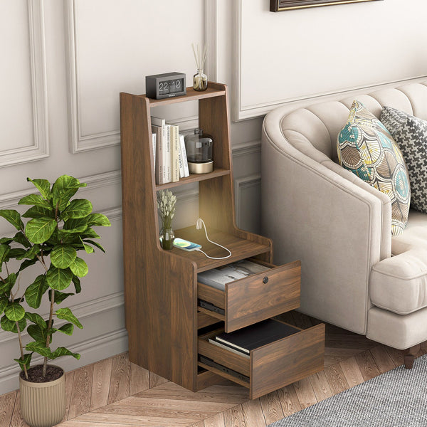 English Elm Nightstand with Charging Station, Voice-Control Night Light, Lockable Cabinet, USB & AC Ports, Modern Woodhelves W1321P204522