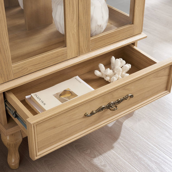 English Elm Curio Lighted Glass Display Cabinet with Adjustable Shelves, Vintage Drawer & Carved Metal Handle, Dark Finish Light Oak W2275P199814