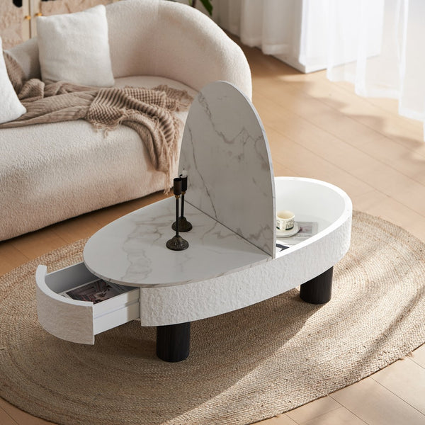 English Elm Oval Mid Century Coffee Table with Faux Marble Top, Hidden Drawer & Spacious Storage for Living Rooms W3040P382324