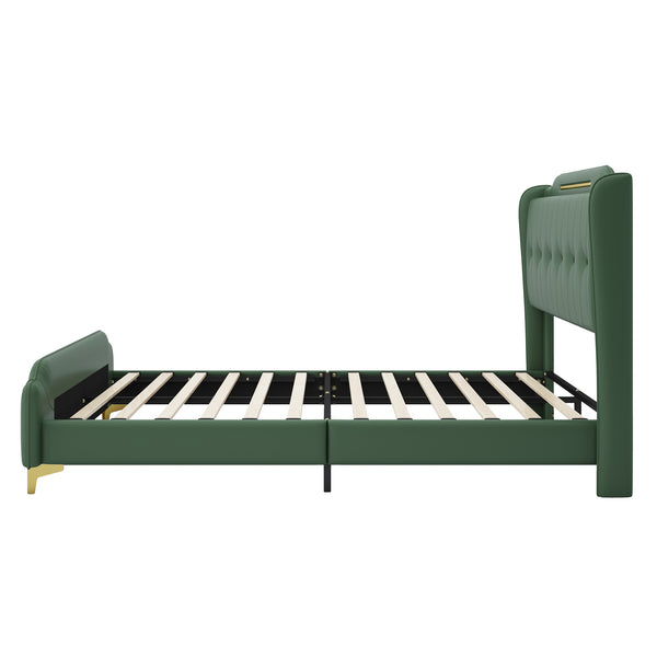 English Elm Christopher Knight Home® - Queen PU Leather Bed with Wingback Headboard & Footboard, Gold Accent Platform, 12 Slats, Sturdy Support Green 64 L x 21 W x 9.25 H N761P205938G