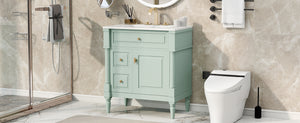English Elm 30" Freestanding Bathroom Vanity Rubberwood Frame Ceramic Sink Flip Drawer Storage Green N725P356062F