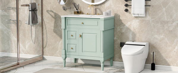English Elm 30" Freestanding Bathroom Vanity Rubberwood Frame Ceramic Sink Flip Drawer Storage Green N725P356062F