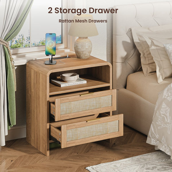 English Elm Rattan Drawer Nightstand Set with Built-in Charging Station and Open Shelf Bedroom Storage Caramel W1820P410556
