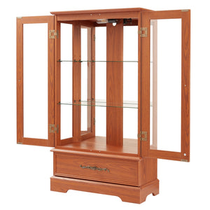 English Elm Glass Lighted Curio Cabinet DARK OAK with Adjustable Glass Shelves, Vintage Handles, Bulb Included W2275P295883