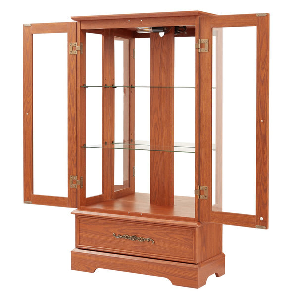 English Elm Glass Lighted Curio Cabinet DARK OAK with Adjustable Glass Shelves, Vintage Handles, Bulb Included W2275P295883