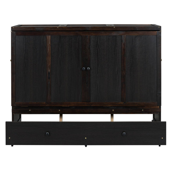 English Elm Queen Murphy Wall Bed with Pull Out Drawer and Built in Usb Charging Cabinet Espresso N708P205905P