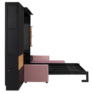 English Elm Queen Murphy Wall Bed with Velvet Sofa Built in Shelves Cabinets and Reading Lights Black LP000393AAB
