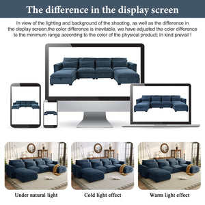 English Elm U_style Modular U-shaped Sectional Sofa Six Seat Linen Fabric with Storage Ottomans Dark Blue WY000491AAC
