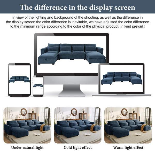 English Elm U_style Modular U-shaped Sectional Sofa Six Seat Linen Fabric with Storage Ottomans Dark Blue WY000491AAC