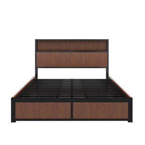 English Elm Large Walnut French Bed Frame with 8 Extra-Large Drawers, Reinforced Iron Support, USB Socket W1858P336607