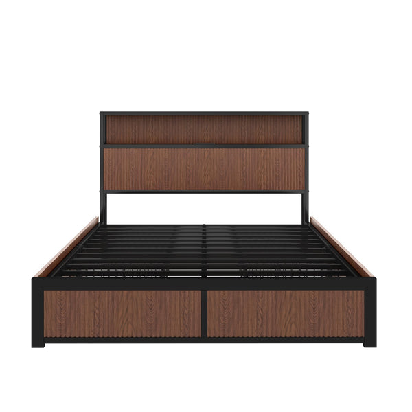 English Elm Large Walnut French Bed Frame with 8 Extra-Large Drawers, Reinforced Iron Support, USB Socket W1858P336607