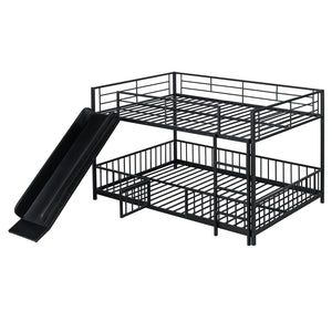 English Elm Full Full over Full Metal Bunk Bed with Slide, Interchangeable Stairs, Gate & Safety Guardrails for Kids Black SF000170AAB
