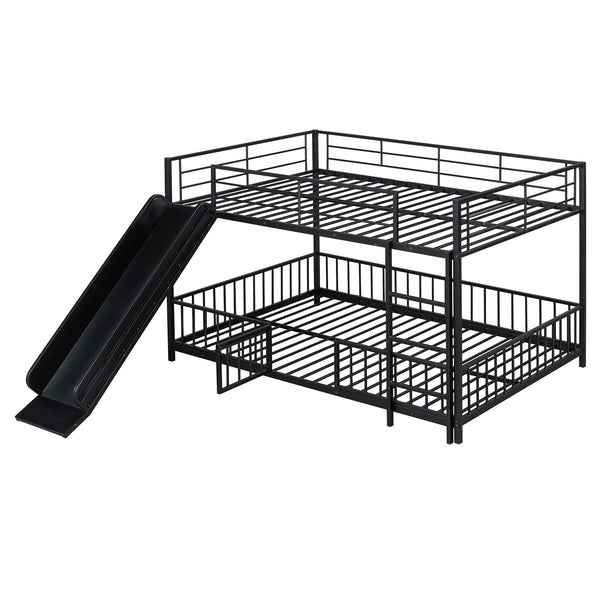 English Elm Full Full over Full Metal Bunk Bed with Slide, Interchangeable Stairs, Gate & Safety Guardrails for Kids Black SF000170AAB