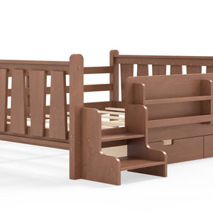 English Elm Queen Bunk Bed with Trundle Solid Pine Kids Car Themed Frame Built-in Bookshelf Natural W1580S00543