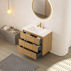 English Elm AMARA 36'' Bathroom Vanity with Integrated Sintered Stone Basin, Preassembled Plywood Cabinet, LED Motion Sensor Storage Carrara White,Light Oak W2615P346339