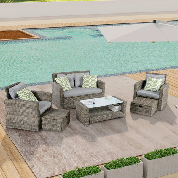 English Elm Patio 6-Piece Pe Wicker Furniture Set With Glass Coffee Table - Stylish Outdoor Seating For Any Space W1703S00020-GIGA