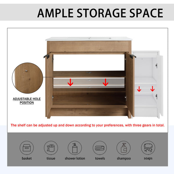English Elm 48 Inch Freestanding Bathroom Vanity With Soft-Close Doors, Ceramic Sink & Ample Storage Space W999S00311