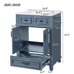 English Elm 24'' Retro Bathroom Vanity Solid Rubberwood Frame Ceramic Sink Soft Close Storage Blue N710P405405C