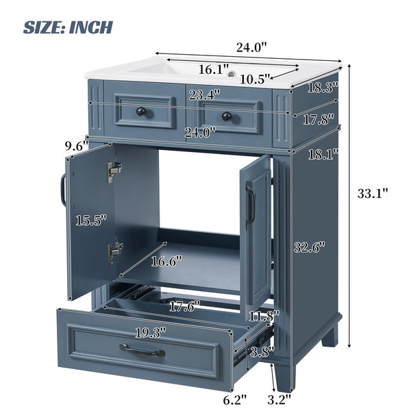 English Elm 24'' Retro Bathroom Vanity Solid Rubberwood Frame Ceramic Sink Soft Close Storage Blue N710P405405C