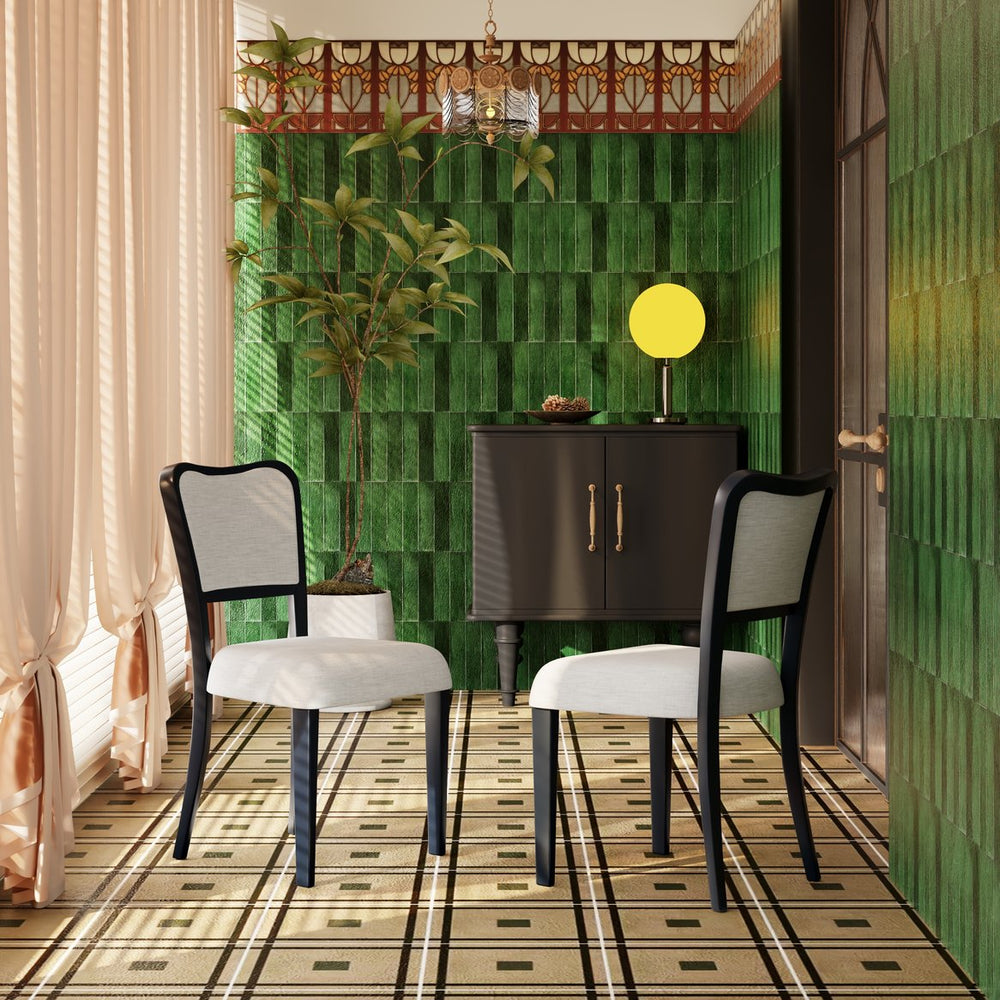 English Elm Black Walnut Finish Upholstered Dining Chairs Set of 2 — Beige Fabric, Thick Padded Seats, Ergonomic Curved Backrest, 250 lb Capacity N842P319127B