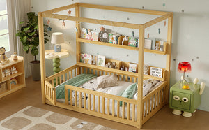 English Elm Twin House Floor Bed with Door and Full-Length Guardrails, Solid Wood Double Twin Floor Bed for Kids' Playful Rooms Natural W1580P359329