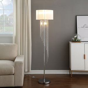 English Elm 65.75"H Sheer White Drum Shade Floor Lamp with Cascade Crystal Raindrops, Chrome Metal Elegance for Living Room Silver+White B072P220160