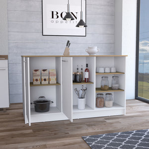 English Elm Kitchen Island With Two Cabinets & Three Open Shelves - Modern White & Natural Oak Storage Solution B097S00143