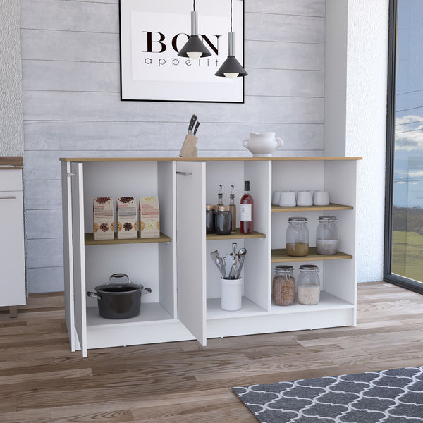 English Elm Kitchen Island With Two Cabinets & Three Open Shelves - Modern White & Natural Oak Storage Solution B097S00143