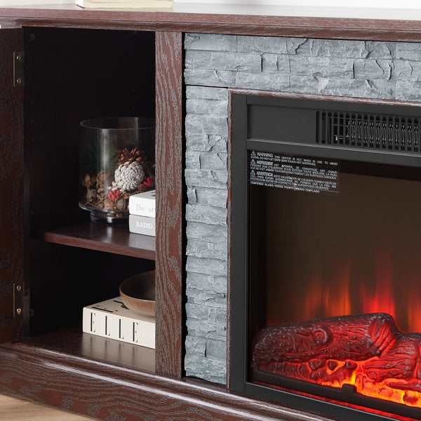 English Elm 58" Modern TV Stand with 18" Electric Fireplace, Faux Stone Mantel, Ample Storage & Cable Management for Living Room Comfort and Style Cherry W2275S00026
