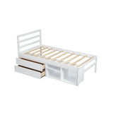 English Elm Twin Size Wood Platform Bed With Removable Storage Shelves, Built-In Two Storage Drawers For Added Convenience, White