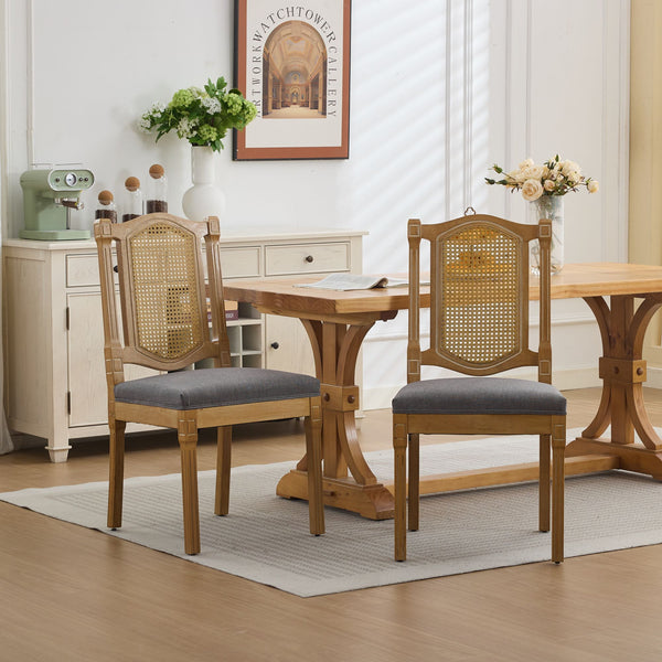 English Elm Full Solid Wood Rattan-Back Dining Chair With Linen Cushion - Ergonomic Comfort For Rustic Spaces W1143P384365