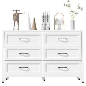 English Elm 6 Drawer White Steel Dresser Low Profile Powder Coated Frame for Bedroom or Hallway T2398P465981