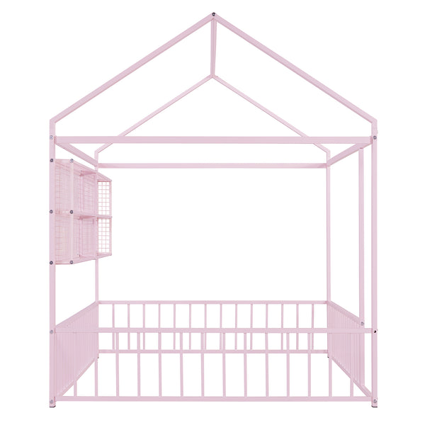 English Elm Full Metal House Bed Frame Full Size with Built-In Fence and 4 Grid Shelves for Durable Storage and Style Pink N737P175361H