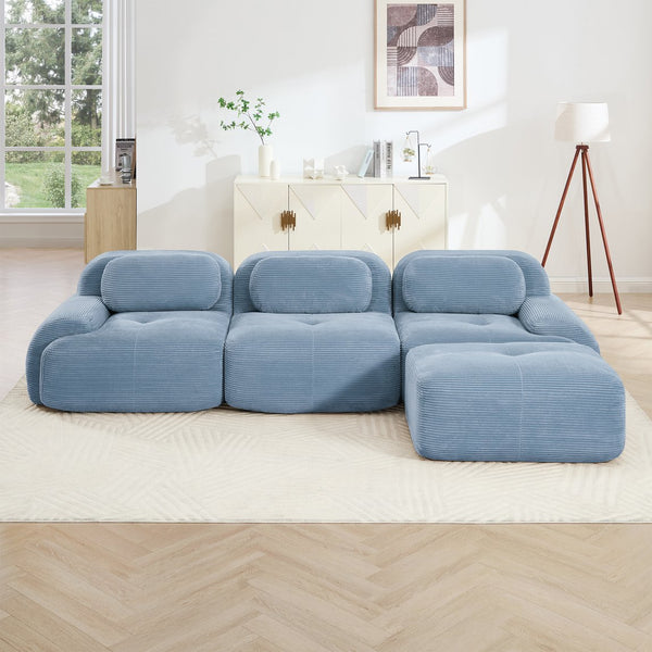 English Elm L-shaped Modular Corduroy Sectional Sofa Ergonomic Low Profile Living Room Seating Blue W714S01249