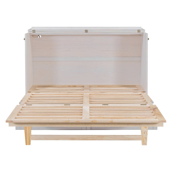 English Elm Queen Murphy Wall Bed with Rattan Panel Cabinet and Storage Drawers for Studio Rooms White LP000676AAK