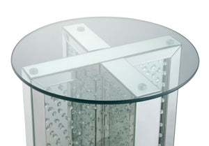 English Elm Nysa Glam Round End Table with Crystal Inlays Mirrored Pedestal and Tempered Glass Top B2726P446707
