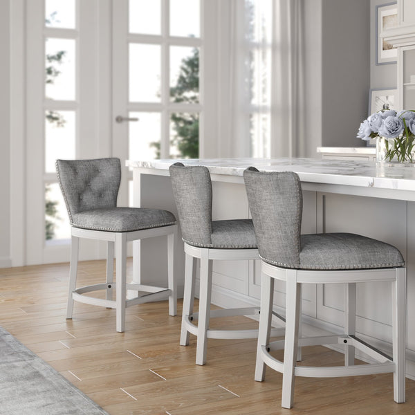 English Elm 26" Tufted Gray Upholstered Swivel Counterstool White Frame for Kitchen Islands B2751P436468