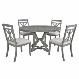 English Elm Trexm Retro Extendable Round Dining Set with Four Linen Upholstered Chairs Rubberwood Grey ST000141AAE-2026