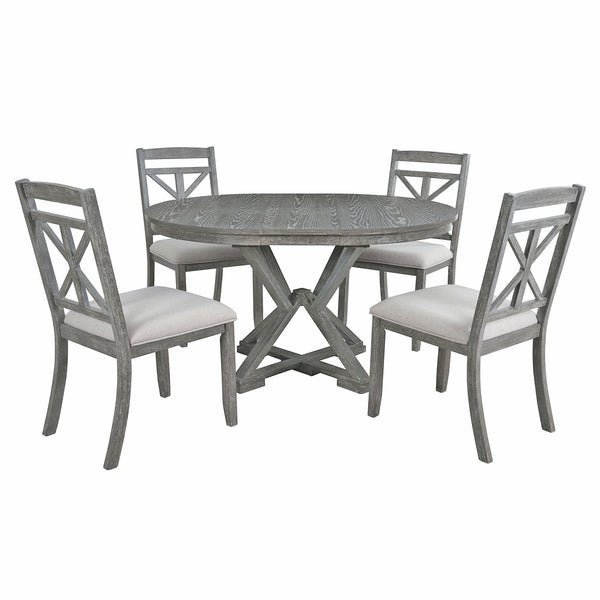 English Elm Trexm Retro Extendable Round Dining Set with Four Linen Upholstered Chairs Rubberwood Grey ST000141AAE-2026