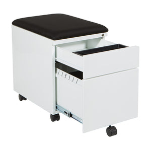 OSP Home Furnishings Mobile Steel File Cabinet with Padded Seat Locking Drawers and Casters for Home Office BXPMC22BF-WH