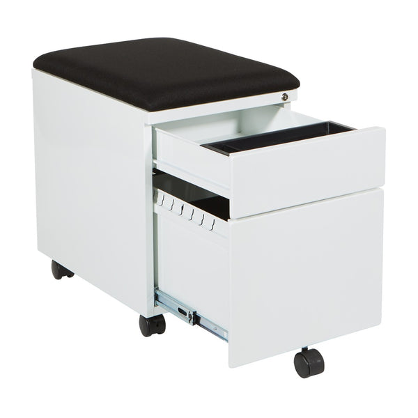OSP Home Furnishings Mobile Steel File Cabinet with Padded Seat Locking Drawers and Casters for Home Office BXPMC22BF-WH