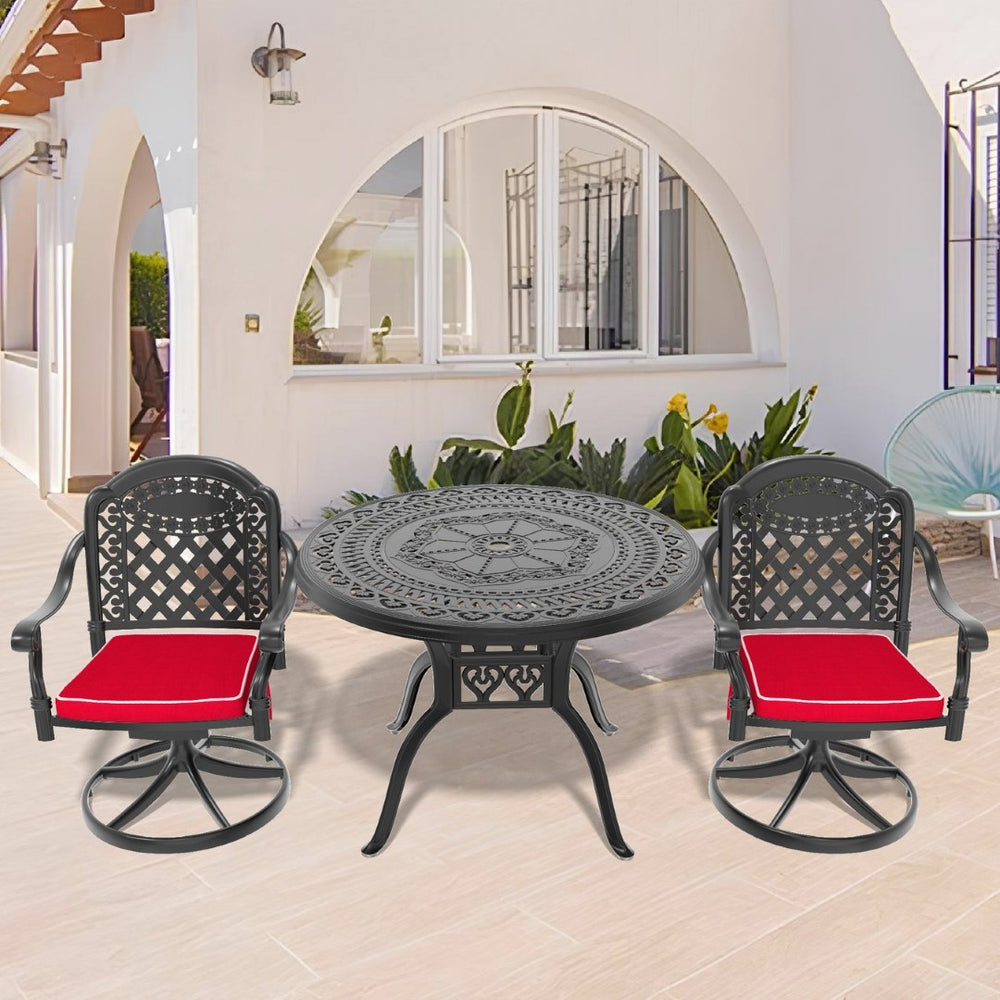 English Elm 3-Piece All-Weather Cast Aluminum Dining Set With Swivel Chairs & Round Table For Outdoor Comfort P1 W1710S00305-GIGA