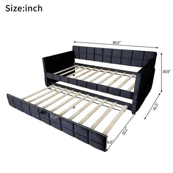 English Elm Modern Velvet Twin Daybed with Pull Out Trundle and Built in Armrest Storage Pockets Black SF000200AAB