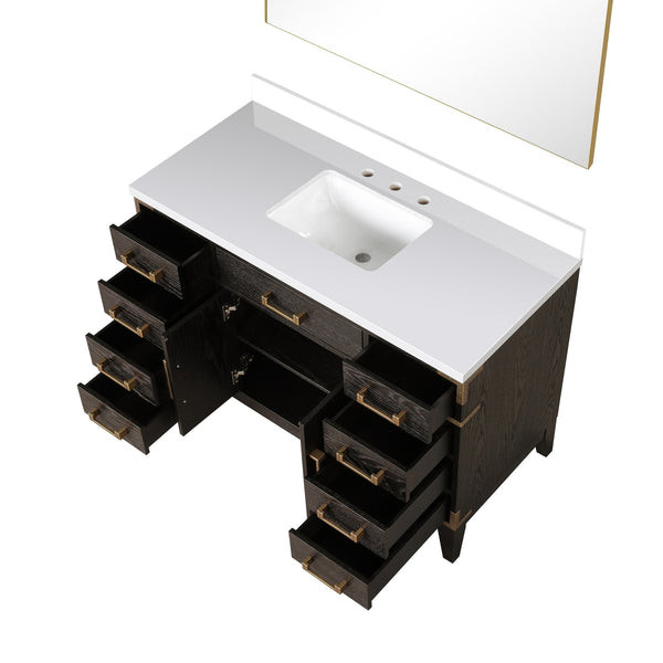 English Elm Brown Oak Single Bath Vanity Set With Cultured Marble Top & 46 In. Mirror - Elegant Storage Solution B2731S01467