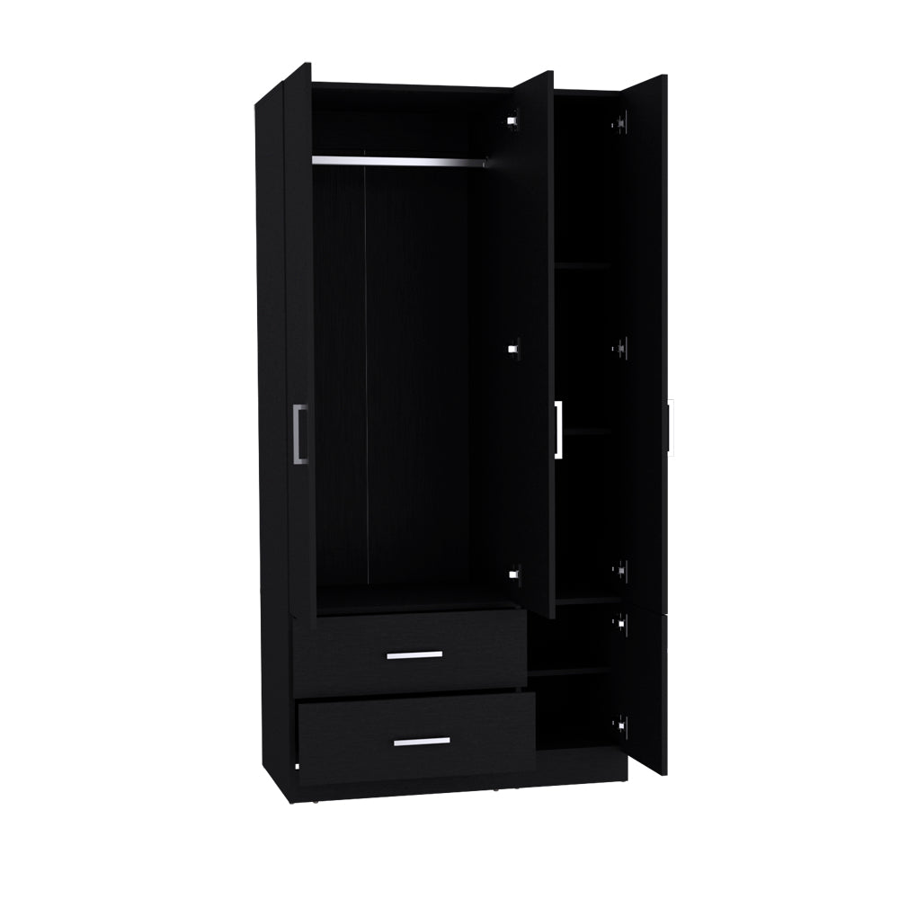 English Elm Four Door Armoire Crosby Black - Spacious Engineered Wood Wardrobe with Rod, Shelves & Drawers, Durable Design B092S00264