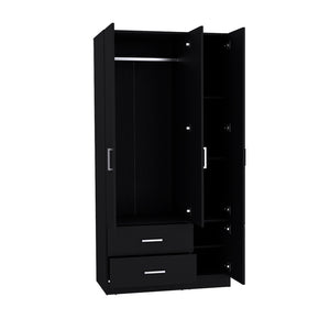 English Elm Four Door Armoire Crosby Black - Spacious Engineered Wood Wardrobe with Rod, Shelves & Drawers, Durable Design B092S00264