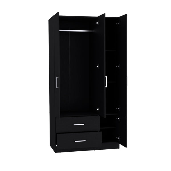 English Elm Four Door Armoire Crosby Black - Spacious Engineered Wood Wardrobe with Rod, Shelves & Drawers, Durable Design B092S00264