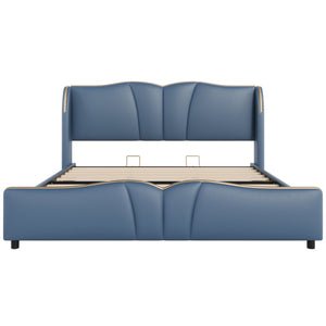 English Elm Christopher Knight Home® - King PU Leather Bed Frame with Wingback Headboard & Footboard, Gold Accents, Platform Slat Support, Elegant Design Antique Blue 85 L x 10 W x 3.25 H N761S0000017C