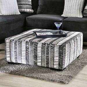 English Elm Transitional Square Upholstery Ottoman With Abstract Stripe Fabric & Multi-Finish Block Legs B2741P355844-GIGA